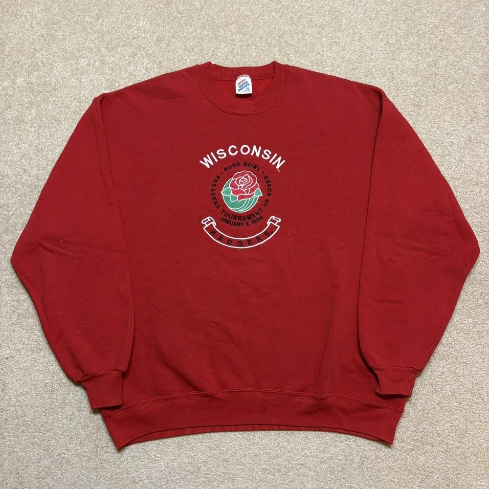 Vtg Wisconsin Badgers Sweatshirt Mens XL Red NCAA Football Rose Bowl Jerzees 90s